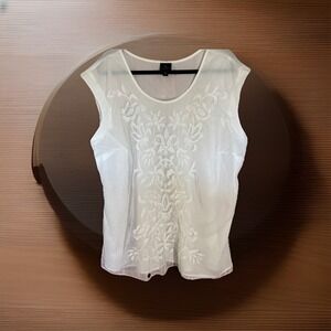 Worthington Women's Plus 3X White Sheer Embroidered Floral Blouse Scoop Neck